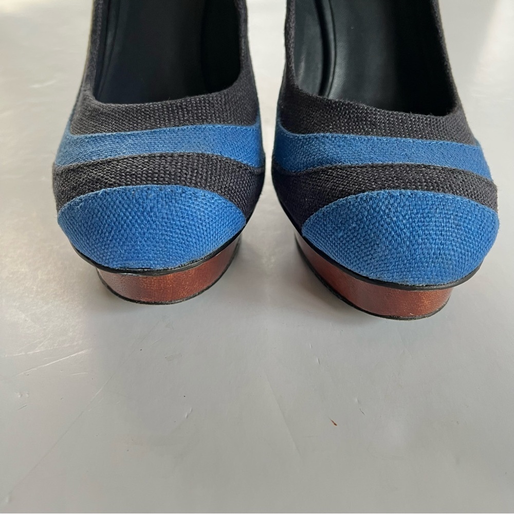 Tory Burch Joelle Blue Striped Wood Platform Wood Heel Fabric Pumps - Picture 3 of 15